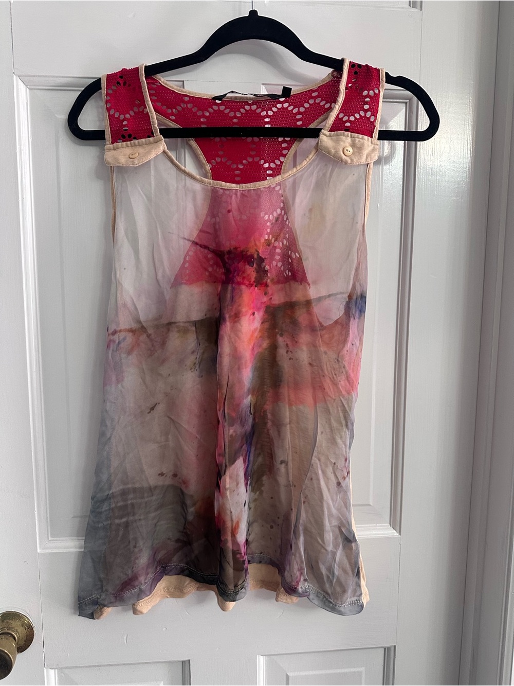 Womens Sleeveless Sheer Printed Tank Top - Pink Multicolor